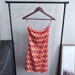 Urban Outfitters Mallory Mini Slip Dress Orange Mod Print Silky Dress SZ XS